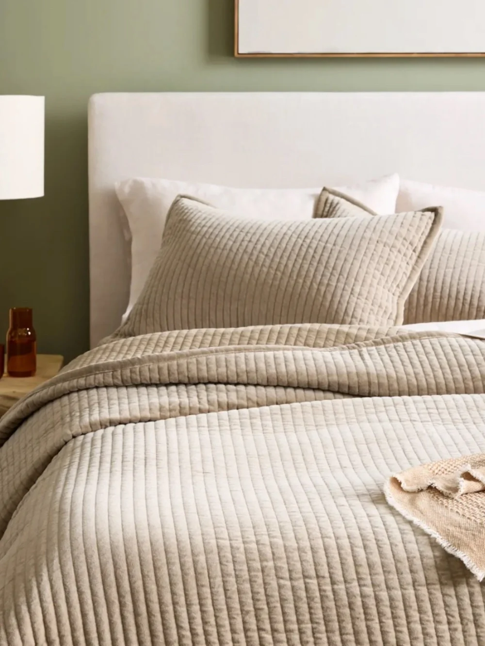 Cotton Velvet Channel Quilted Sham Set standard queen light taupe tan